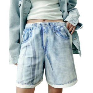 ZARA Women's High Waisted Printed Denim Pull On Linen Blend Shorts in Sz XS